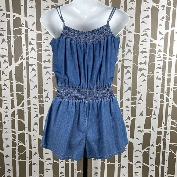 Blue Spice Denim Chambray Smocked Waist Romper M - Picture 5 of 8